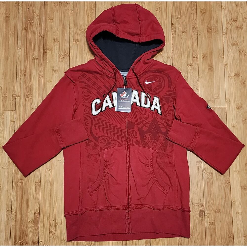 Vintage Nike Team Canada Hoodie Womens Sz M Red Hockey Zip Up Sweatshirt Sweater